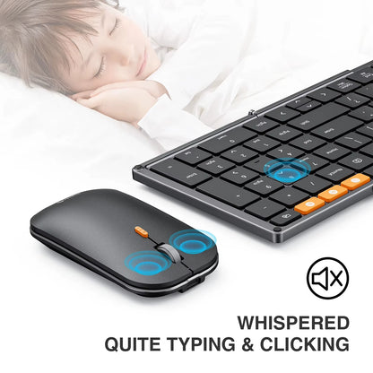 XKM01 Tri-Fold Bluetooth Wireless Keyboard and Mouse Combo Protable Slim 2.4G Full Size 105 Key Foldable Keyboards