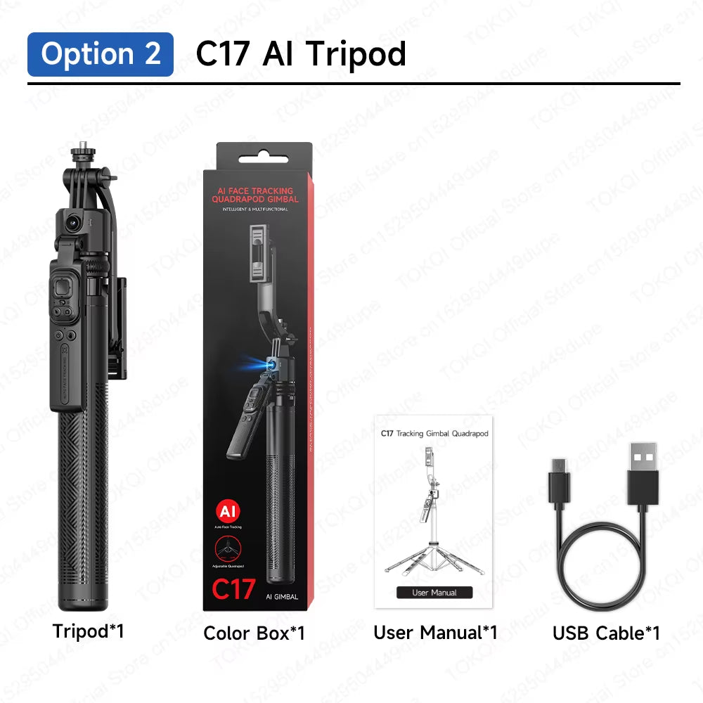 C17 AI Tracking Gimbal Cellphone Stand Extension Rod Selfie Stick Tripod 360° Auto Rotate for Smartphones Shooting Vlog