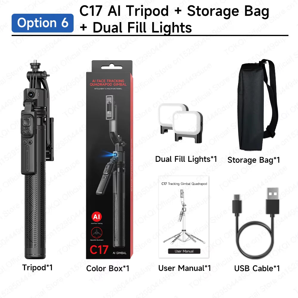 C17 AI Tracking Gimbal Cellphone Stand Extension Rod Selfie Stick Tripod 360° Auto Rotate for Smartphones Shooting Vlog