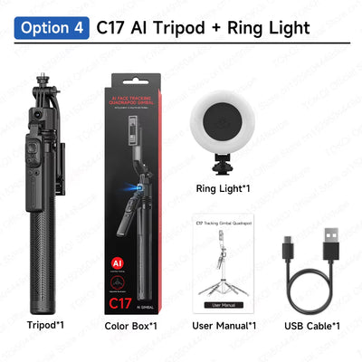 C17 AI Tracking Gimbal Cellphone Stand Extension Rod Selfie Stick Tripod 360° Auto Rotate for Smartphones Shooting Vlog