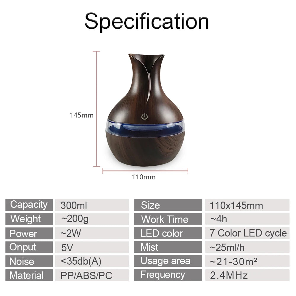 Air Humidifier with 7-Colors Mood LED Aromatherapy Diffuser 300ml Cool Mist Maker with USB Rechargeable for home bedroom
