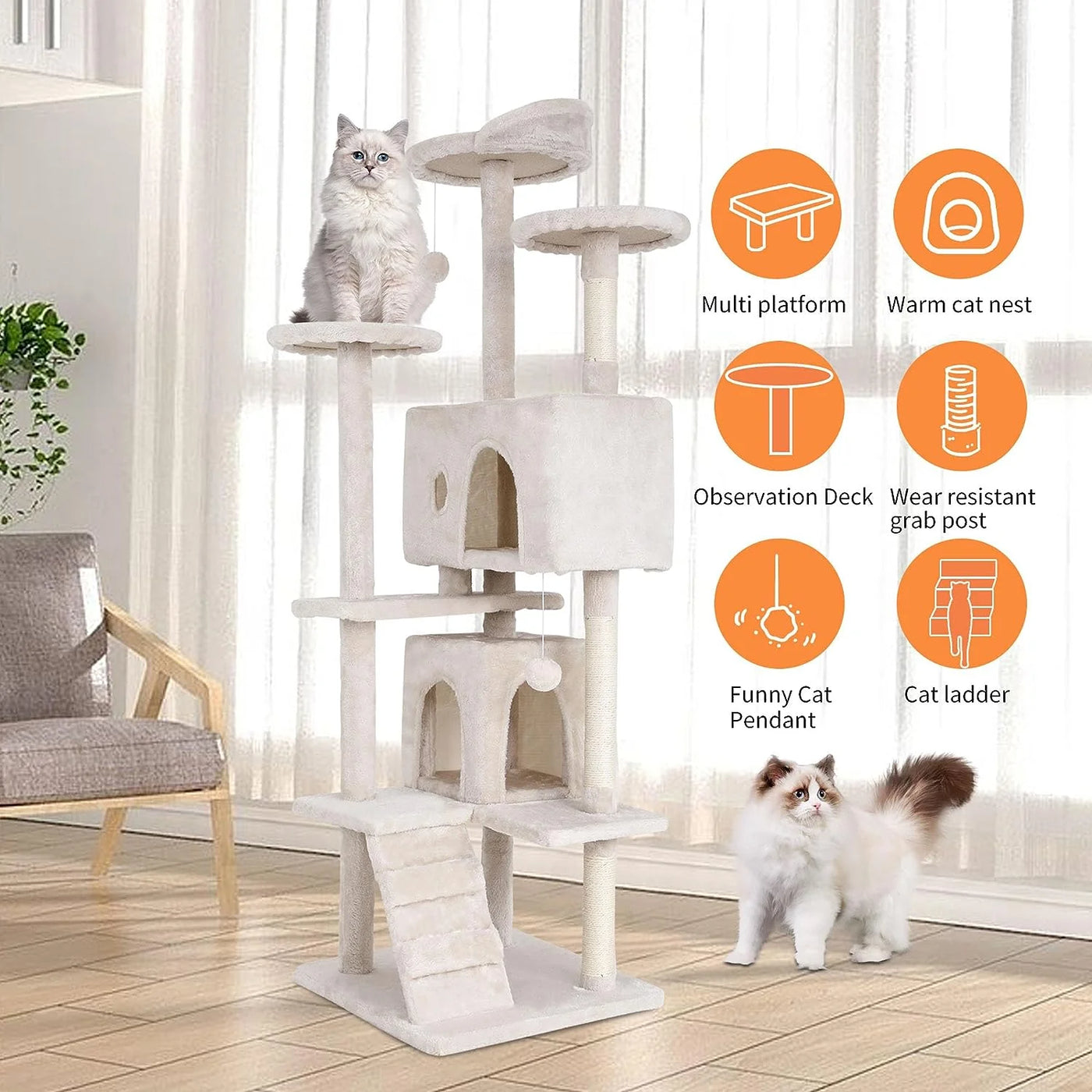 70In Cat Tree Tower with Funny Toys,Beige,Particleboard
