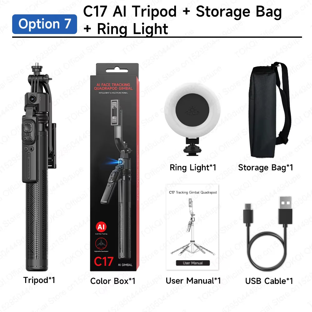 C17 AI Tracking Gimbal Cellphone Stand Extension Rod Selfie Stick Tripod 360° Auto Rotate for Smartphones Shooting Vlog