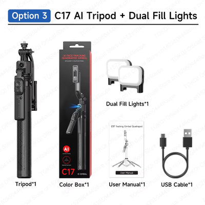 C17 AI Tracking Gimbal Cellphone Stand Extension Rod Selfie Stick Tripod 360° Auto Rotate for Smartphones Shooting Vlog