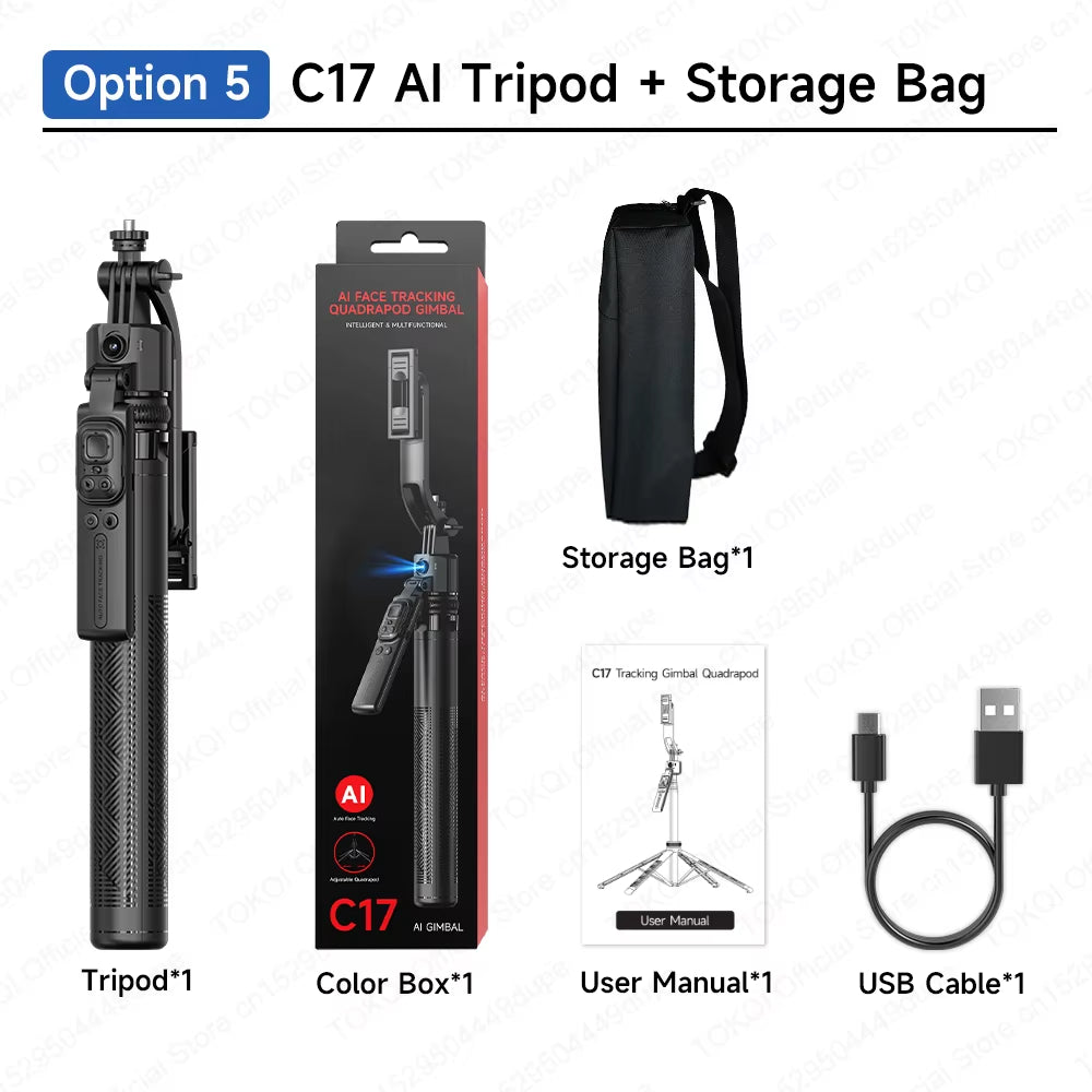 C17 AI Tracking Gimbal Cellphone Stand Extension Rod Selfie Stick Tripod 360° Auto Rotate for Smartphones Shooting Vlog