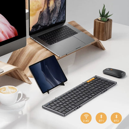 XKM01 Tri-Fold Bluetooth Wireless Keyboard and Mouse Combo Protable Slim 2.4G Full Size 105 Key Foldable Keyboards